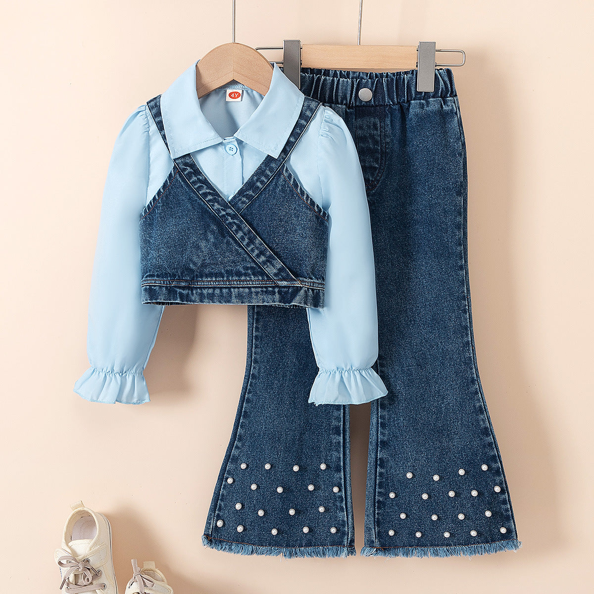 Autumn Lapel Shirt Denim Vest Bead Bell-bottom Pants Children's Suit