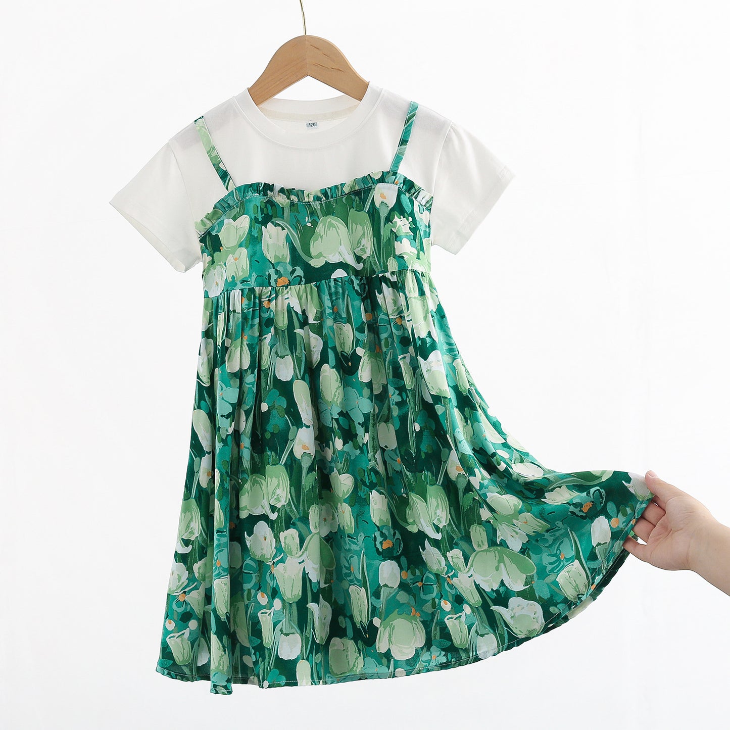 Children's Large Cotton Silk Short Sleeve Fake Two Pieces Artificial Summer Children's Dress