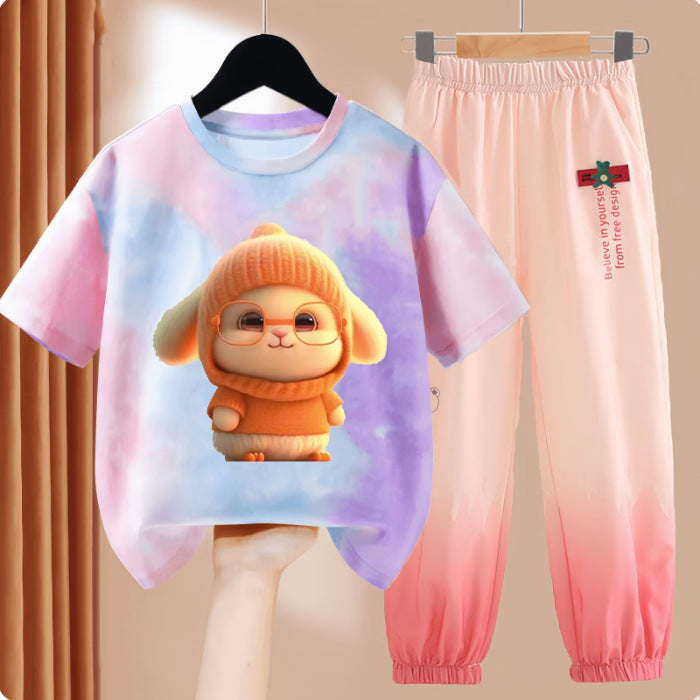 Clothes T-shirt Medium Large Short Sleeved Ice Silk Trousers Two-piece Children's Suit