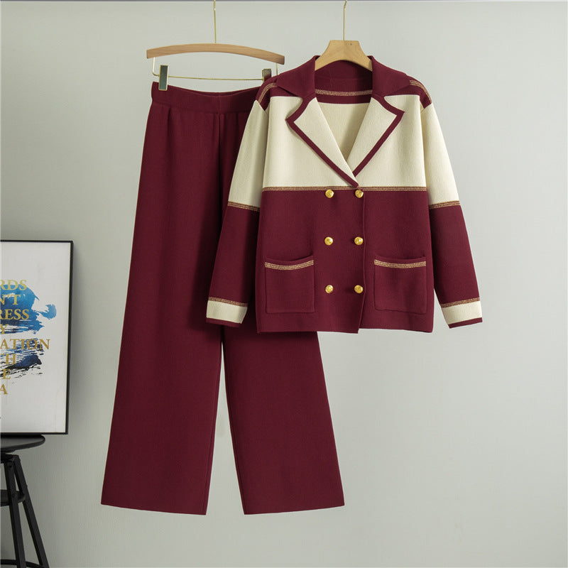 Women's Elegant Collar Double-breasted Knitted Wide Leg Two-piece Fashion Casual Suit