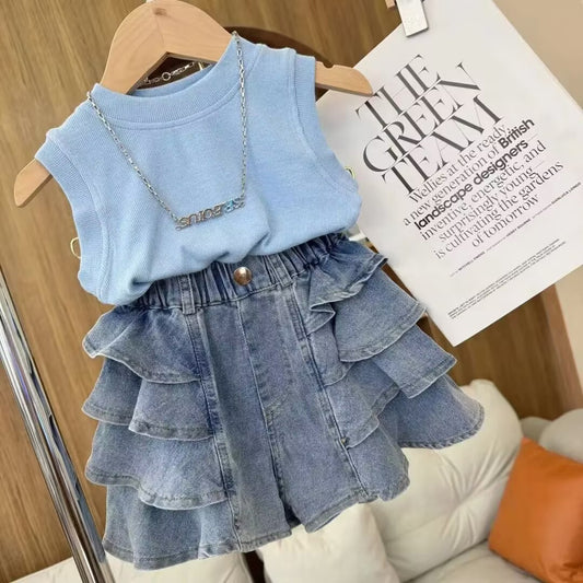 Summer Korean Style Sleeveless Vest Solid Color Fashionable Stylish Children's Suit