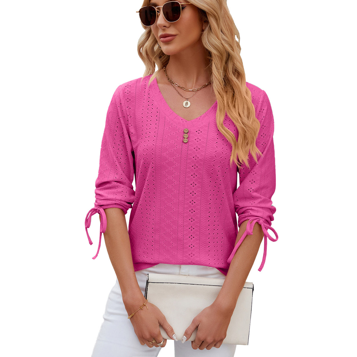 Women's Button Solid Color Half Sleeves Loose-fitting Women's T-shirt