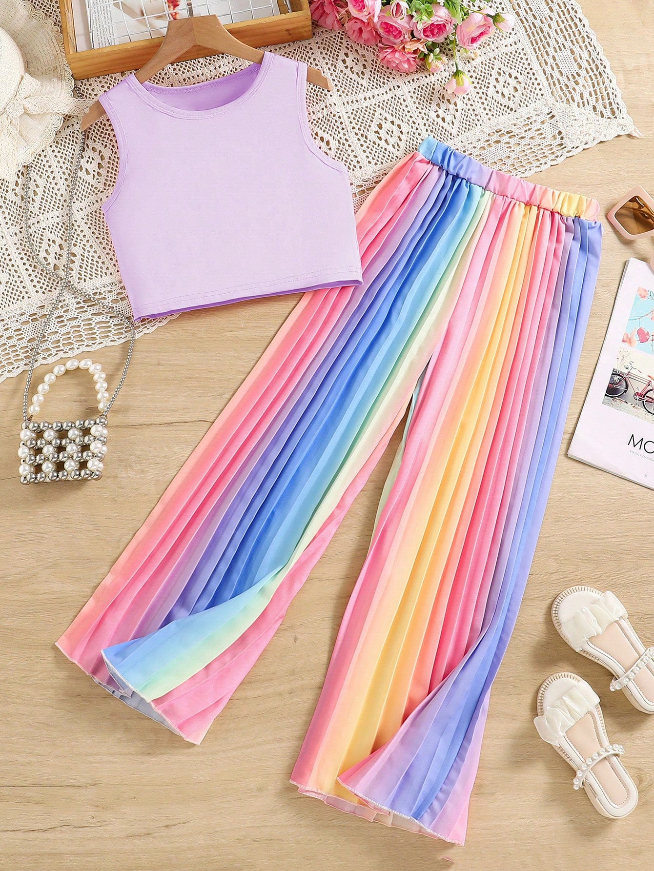 Summer Short Sleeveless Vest Color Gradient Pleated Trousers Teens Children's Suit
