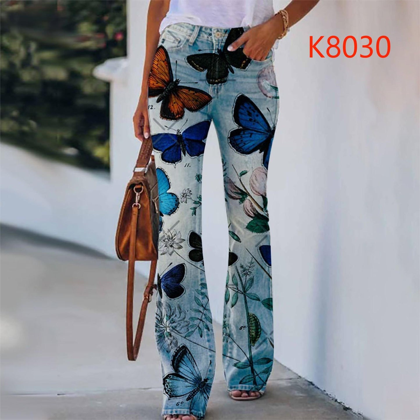 Women's Large Casual Imitation Denim Bell-bottom Floral Pants