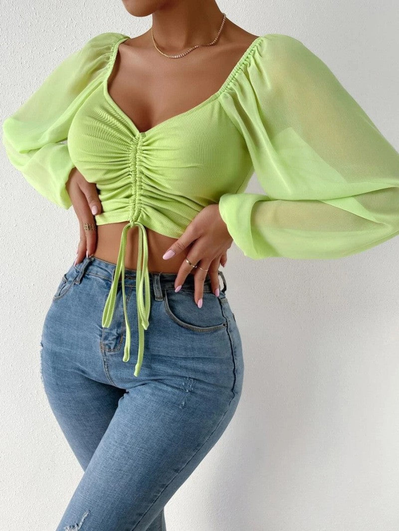 Women's Summer Chiffon Drawstring Lantern Sleeve Skinny Fashion Tops