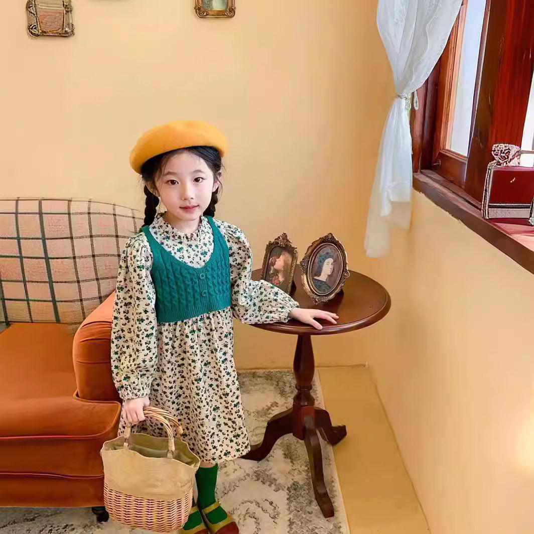 Autumn Korean Style Floral Skirt Wool Vest Two-piece Children's Dress