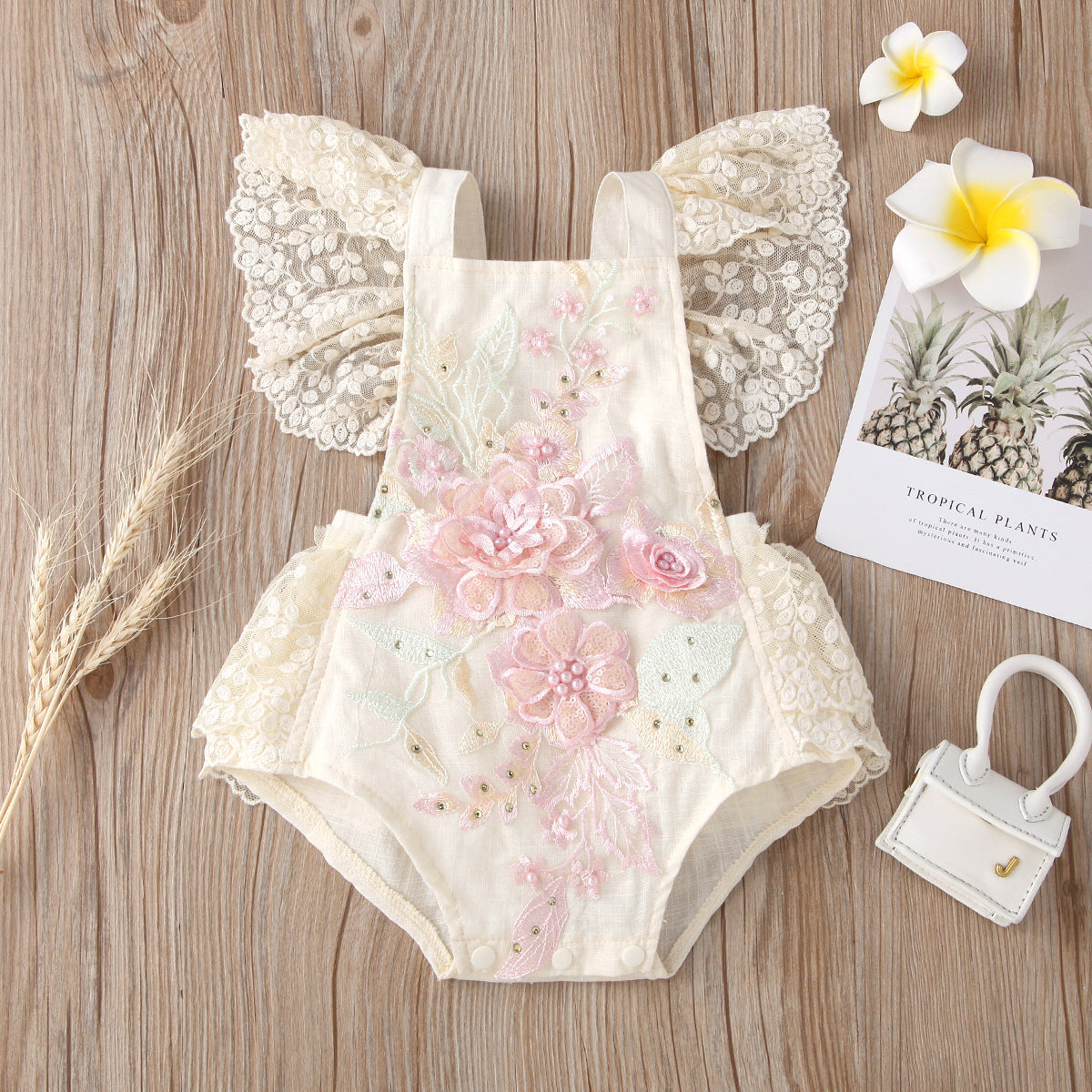 Children's Short Lace Mesh Flounced Sleeve Embroidered Pearl River Delta Jumpsuit, Climbing Suit