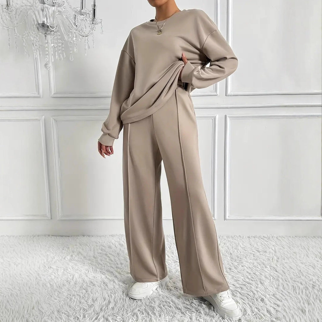 Women's Solid Color Round Neck Long-sleeved Trousers Fashion Casual Suit