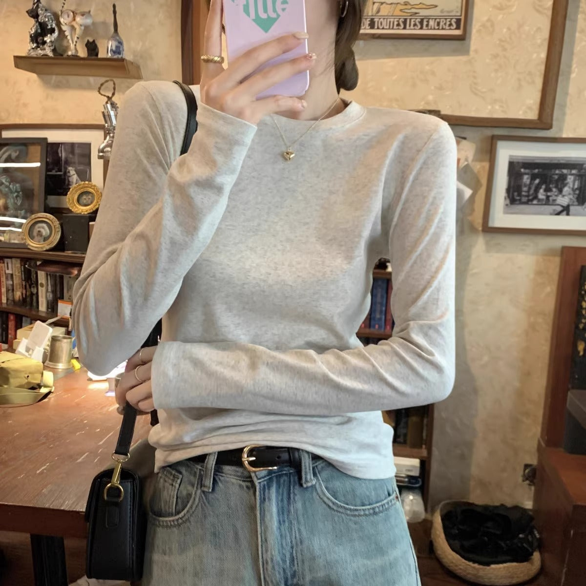 Women's Slim Fit Slimming Inner Basic Style Collar Solid Color Bottoming Women's T-shirt