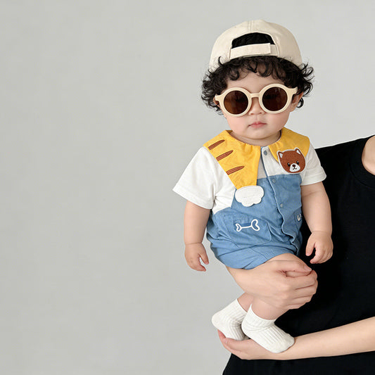 White Color Matching Jumpsuit Large Pocket Single-breasted Super Cute Romper Jumpsuit, Climbing Suit