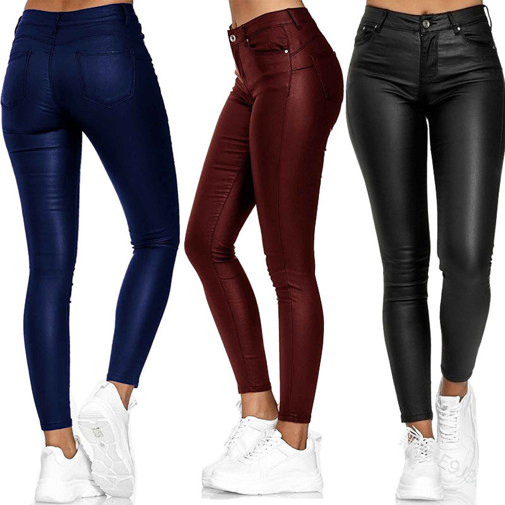 Women's High Waist Pure Color Leather Skinny Casual Pants