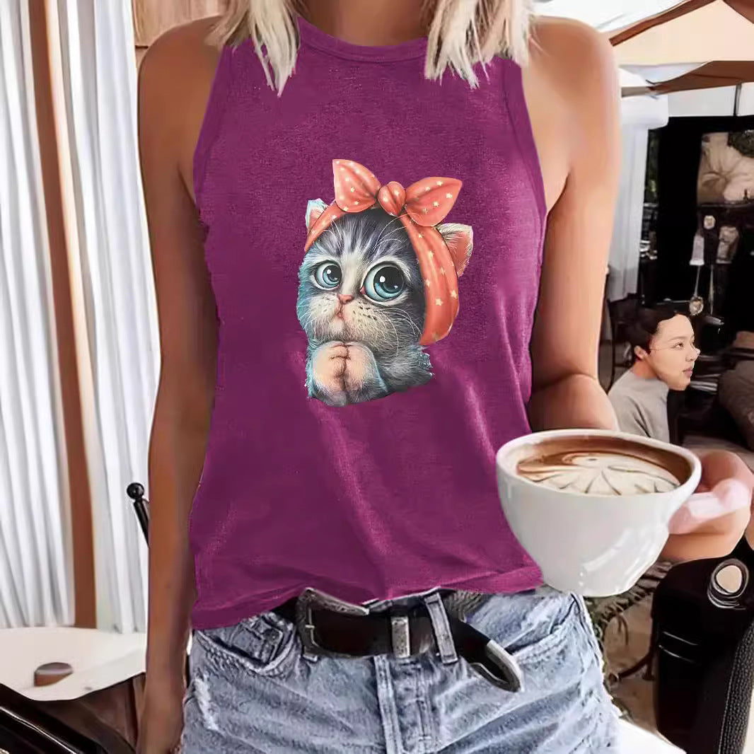 Women's Cat Printing Round Neck Casual Sleeveless Small Vest/suspenders/tube Top