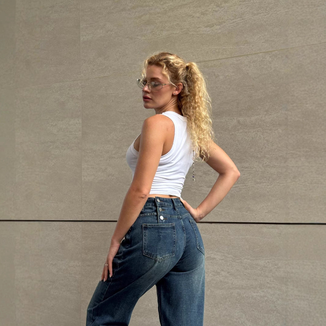 Women's Dark Blue Wide Leg High Waist Slimming Women's Jeans