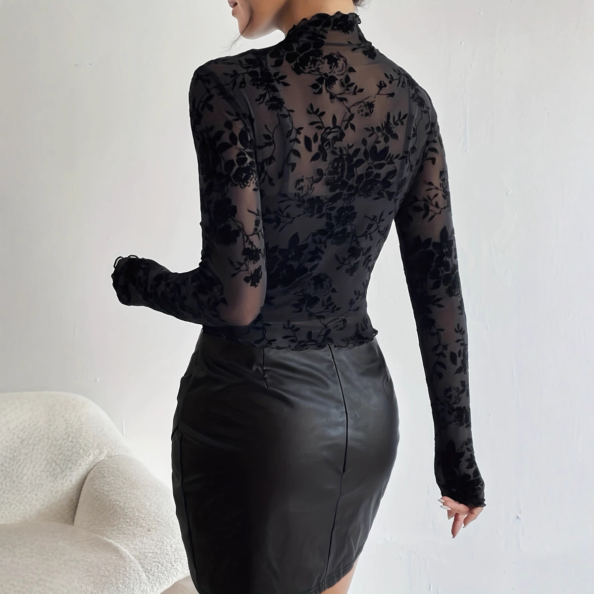 Women's Lady Sexy Hot Mesh Jacquard Stand Collar Long Sleeve Slim Lace Shirt, Chiffon Shirt