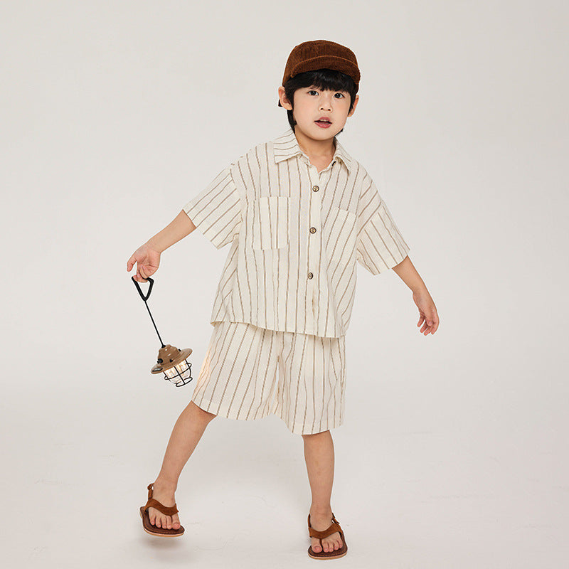 Children's Summer Cotton Linen Striped Shirt Short Sleeve Children's Suit