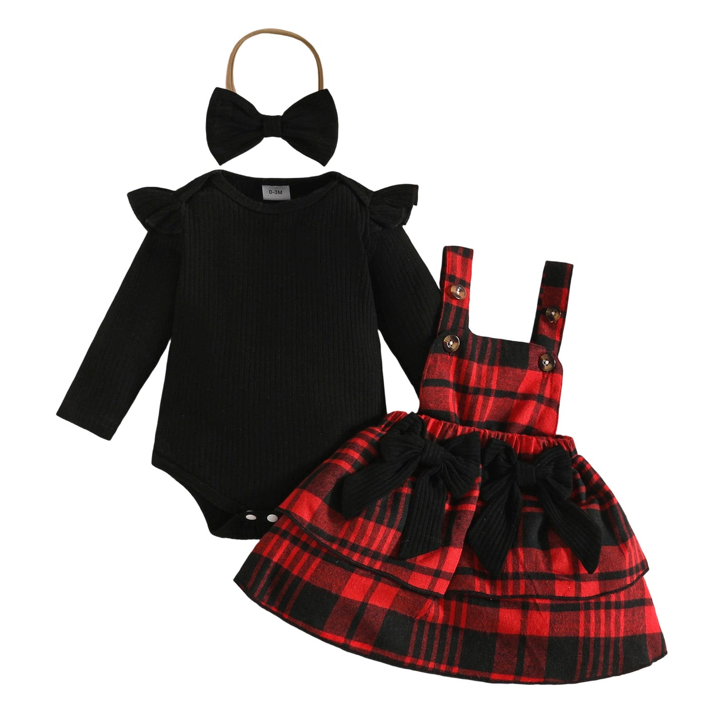 Stripe Long-sleeved Shirt Plaid Dress Hair Band Three-piece Children's Suit