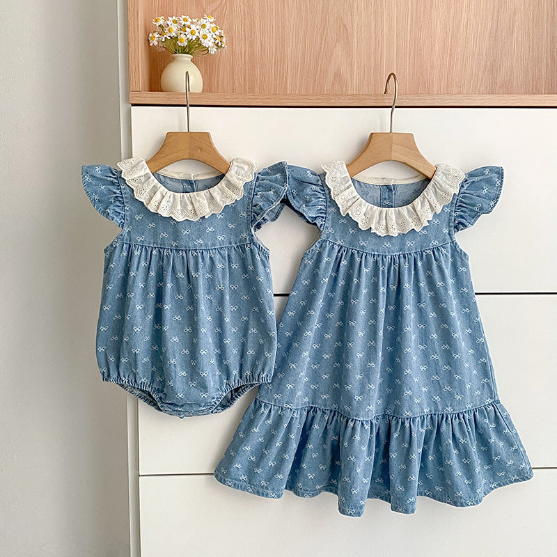 Summer Denim Bow Print Vest Crawling Suit Children's Dress