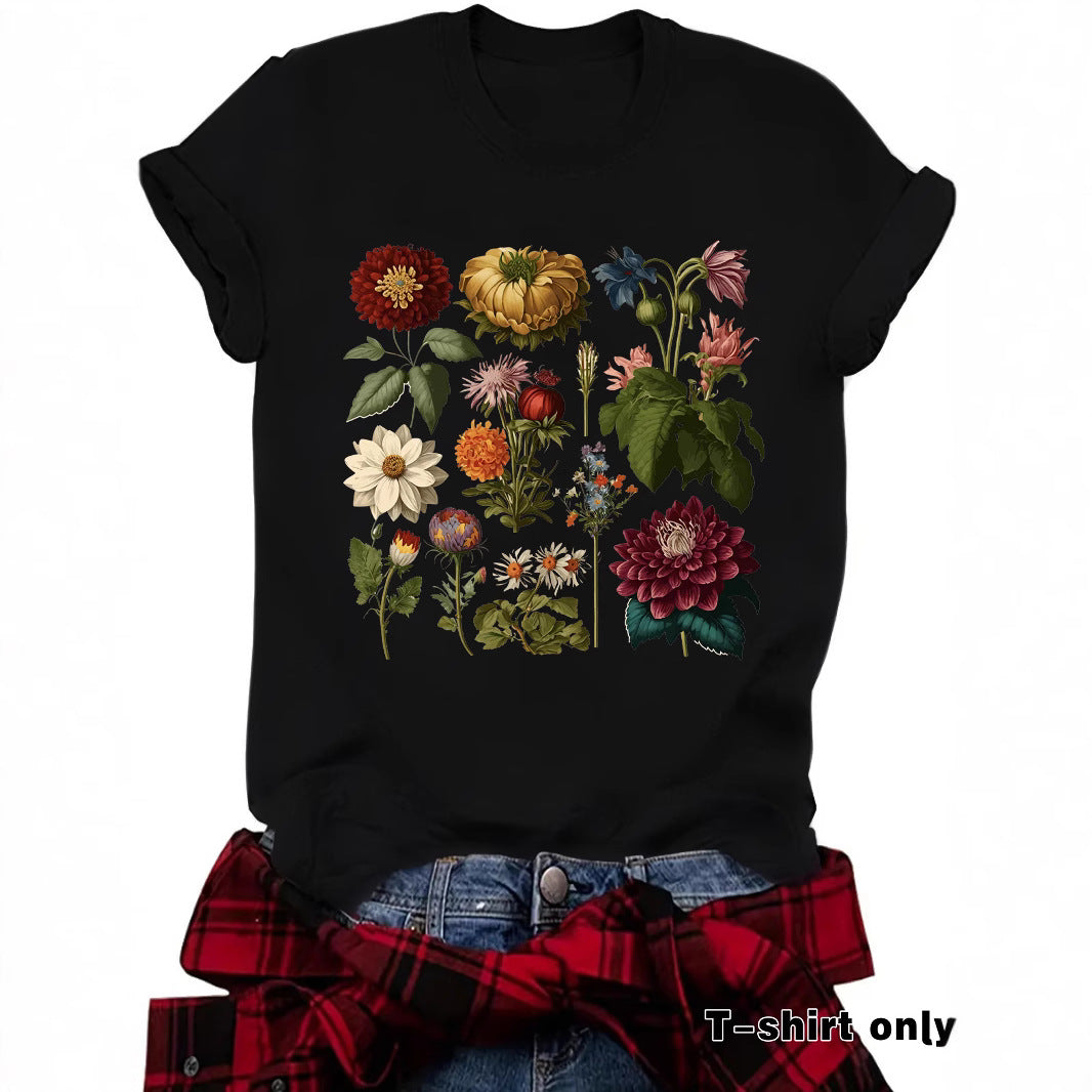 Graceful Floral Print Sleeve Loose Fashion Women's T-shirt