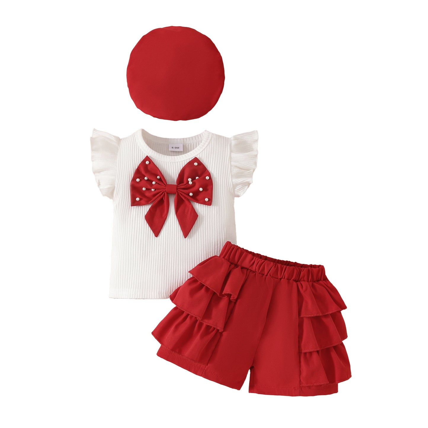 Big Bow Sleeveless Sunken Stripe Top Lace Shorts Beret Children's Suit