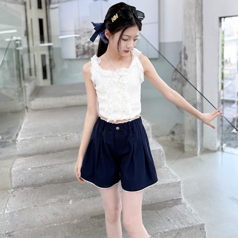 Summer Middle Big Mushroom Embroidery Lace Pleated Wide Children's Pants