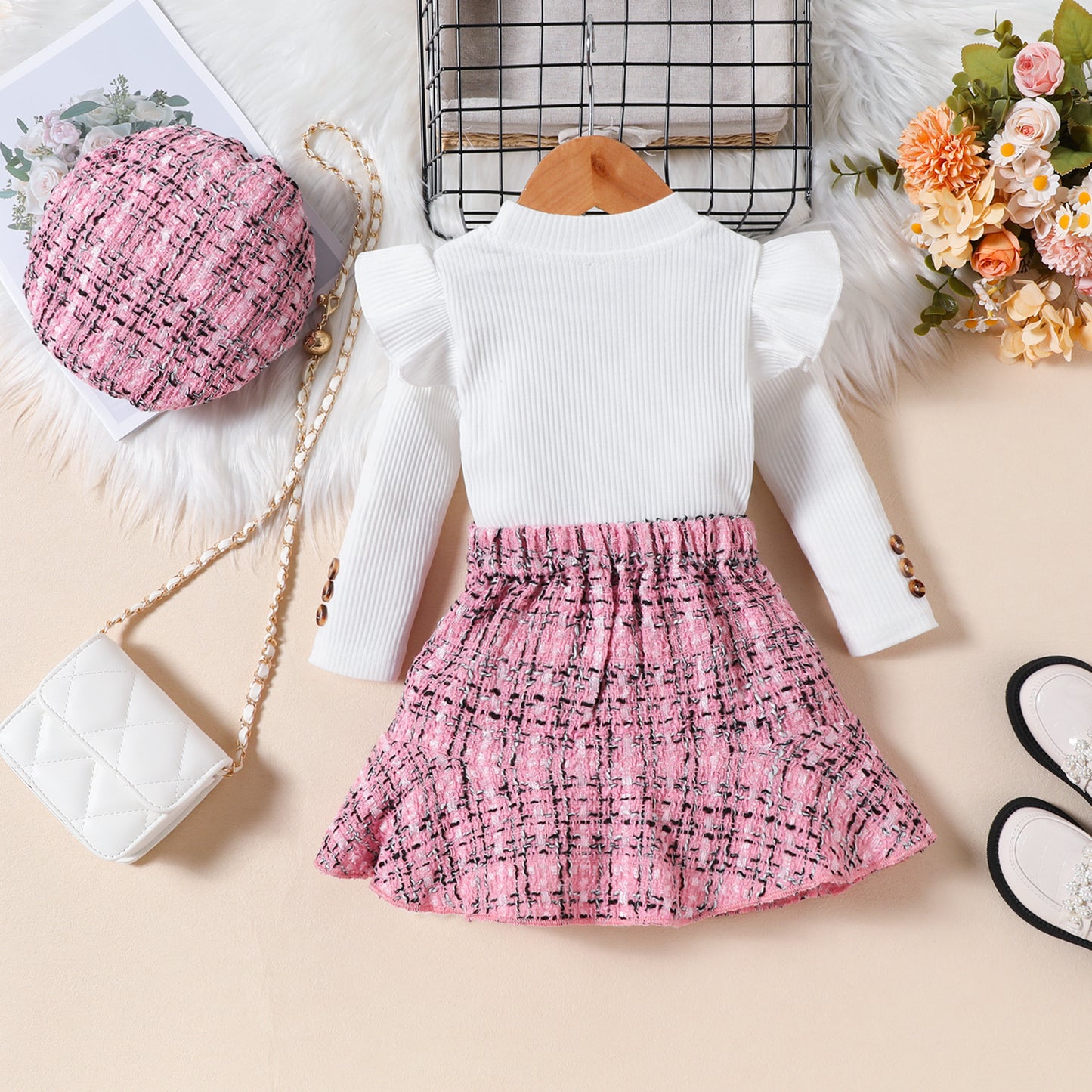 Children's Clothing Style Long-sleeved Top Classic Woven Chunky Skirt Beret Children's Suit