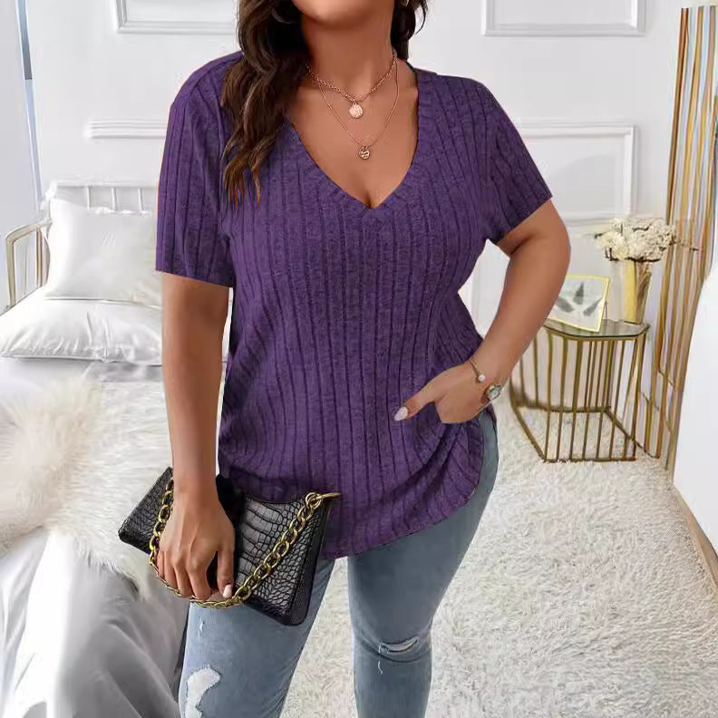 Women's Solid Color Elegant Sunken Stripe Sleeve Women's T-shirt