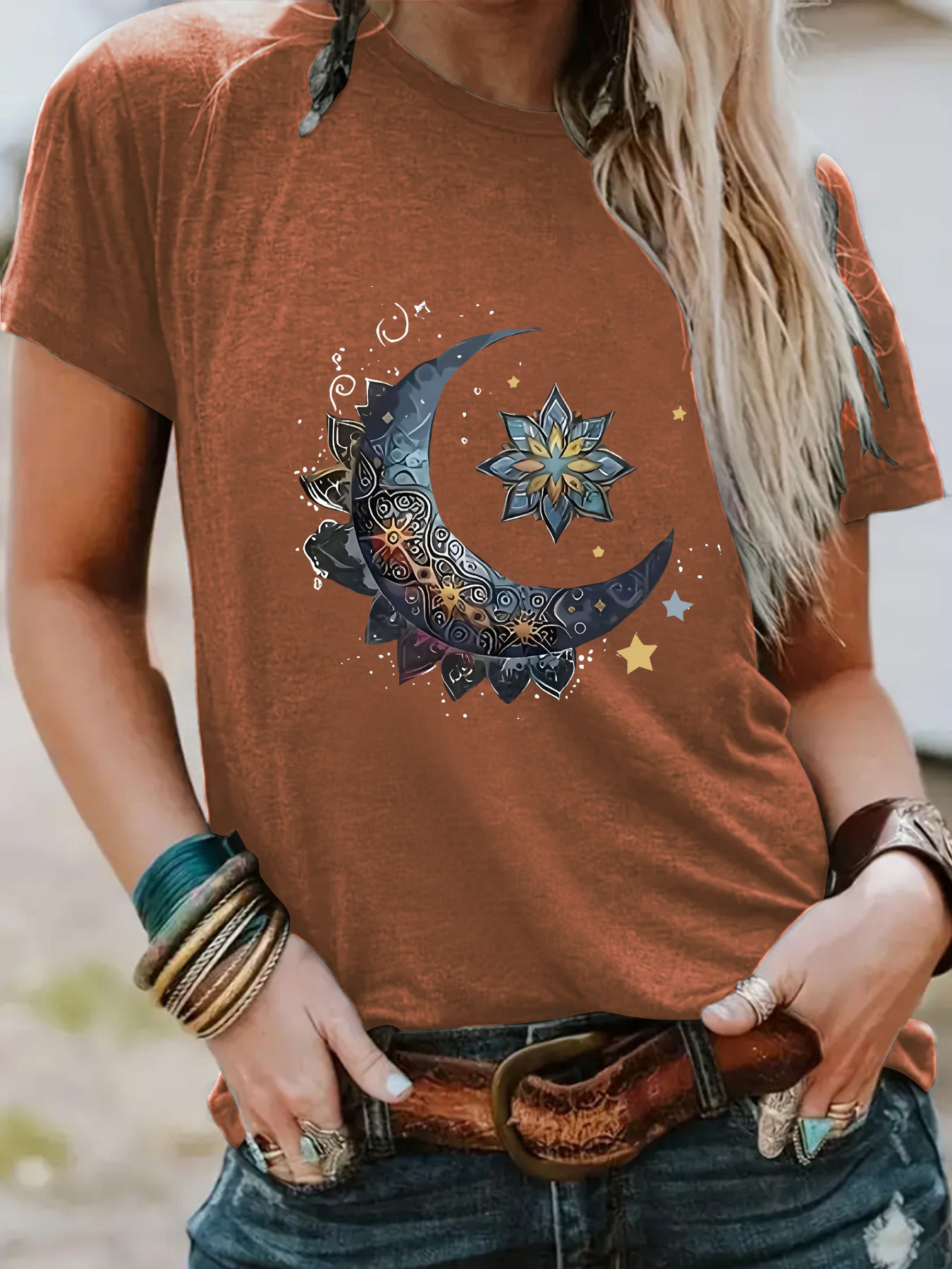 Women's Round Neck Fashion Moon Loose Sleeve Tops
