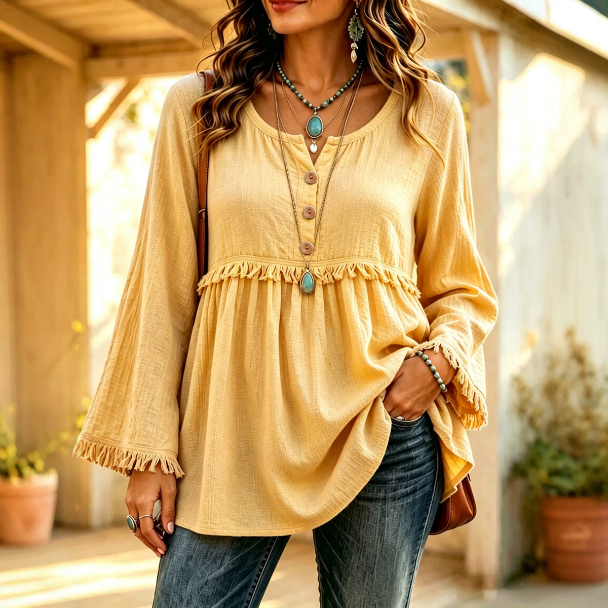 Women's Casual Loose Button Fashion Tassel Solid Color Tops