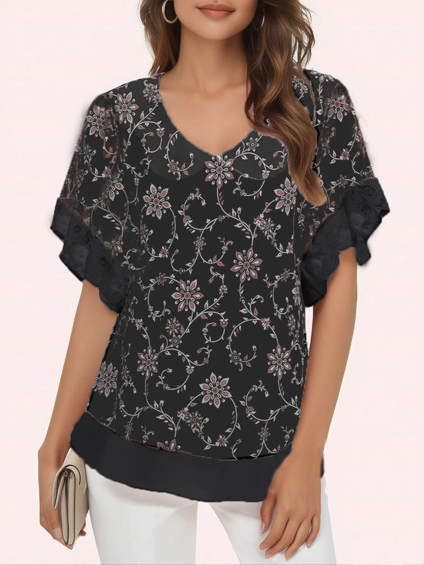 Women's Stringy Seedge Round Neck Printed Short-sleeved Lace Shirt, Chiffon Shirt