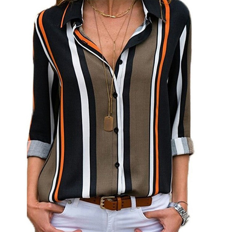 Women's Striped Casual Long Sleeve Chiffon Shirt Tops