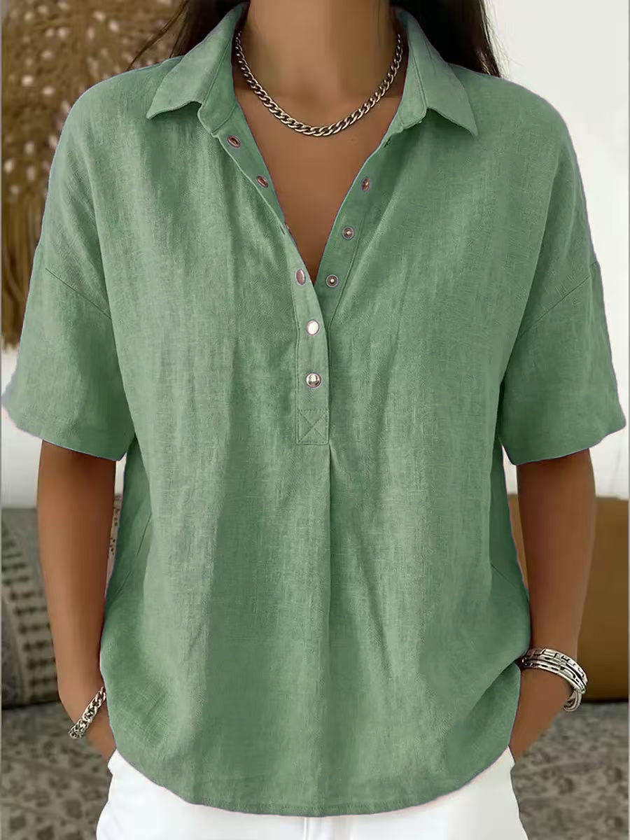 Women's Summer Loose Snap Fastener Lapel Sleeve Solid Color Women's T-shirt