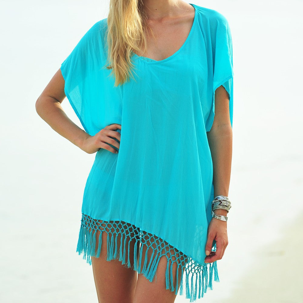Women's Wear Solid Color Tassel Knotted Batwing Sleeve Lace Shirt, Chiffon Shirt