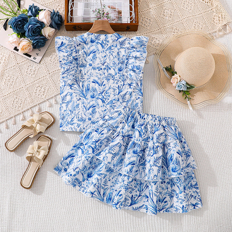 Summer Sweet Floral Ruffle Sleeve Chest Children's Suit