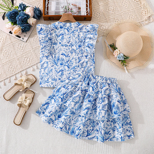 Summer Sweet Floral Ruffle Sleeve Chest Children's Suit