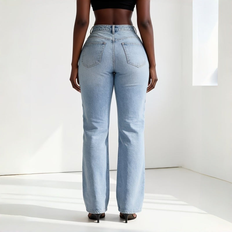 Women's Waist Metal Hollow Design Washed Straight Women's Jeans