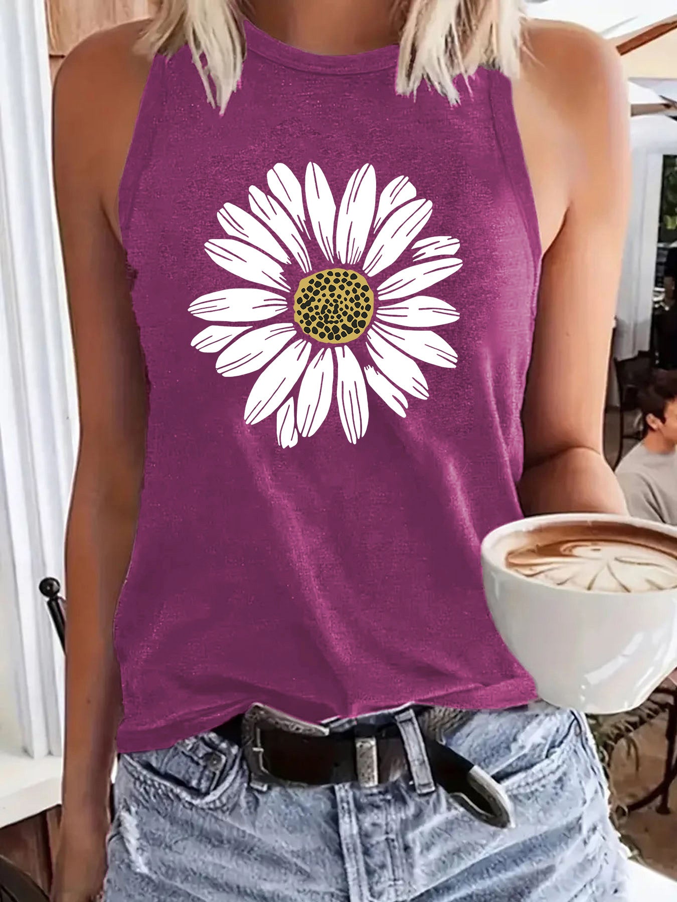 Women's Sleeveless Sunflower Print Loose Comfort Casual Fashion Tops