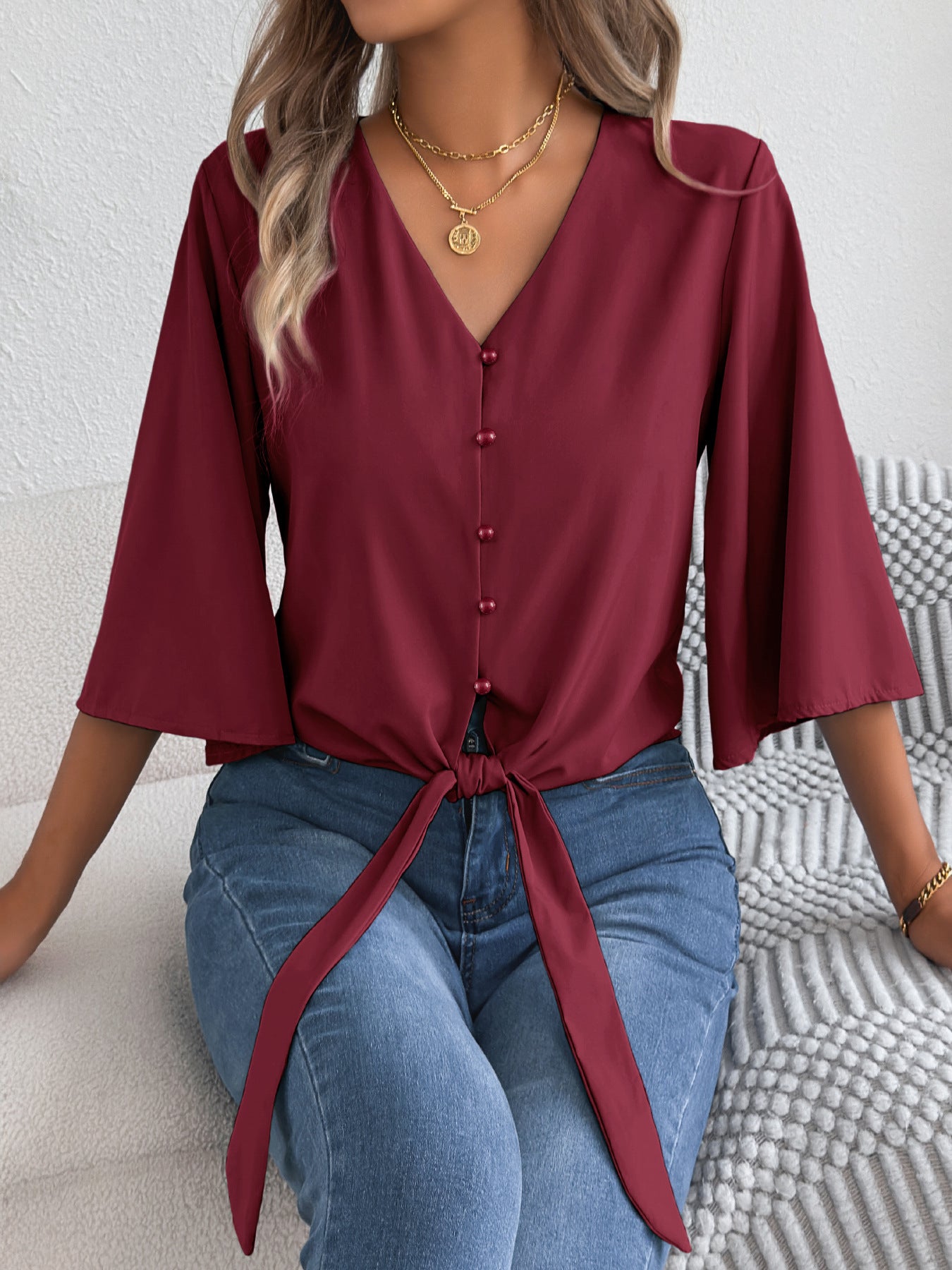 Women's Casual Button Three-quarter Sleeve Knotted Lace Shirt, Chiffon Shirt
