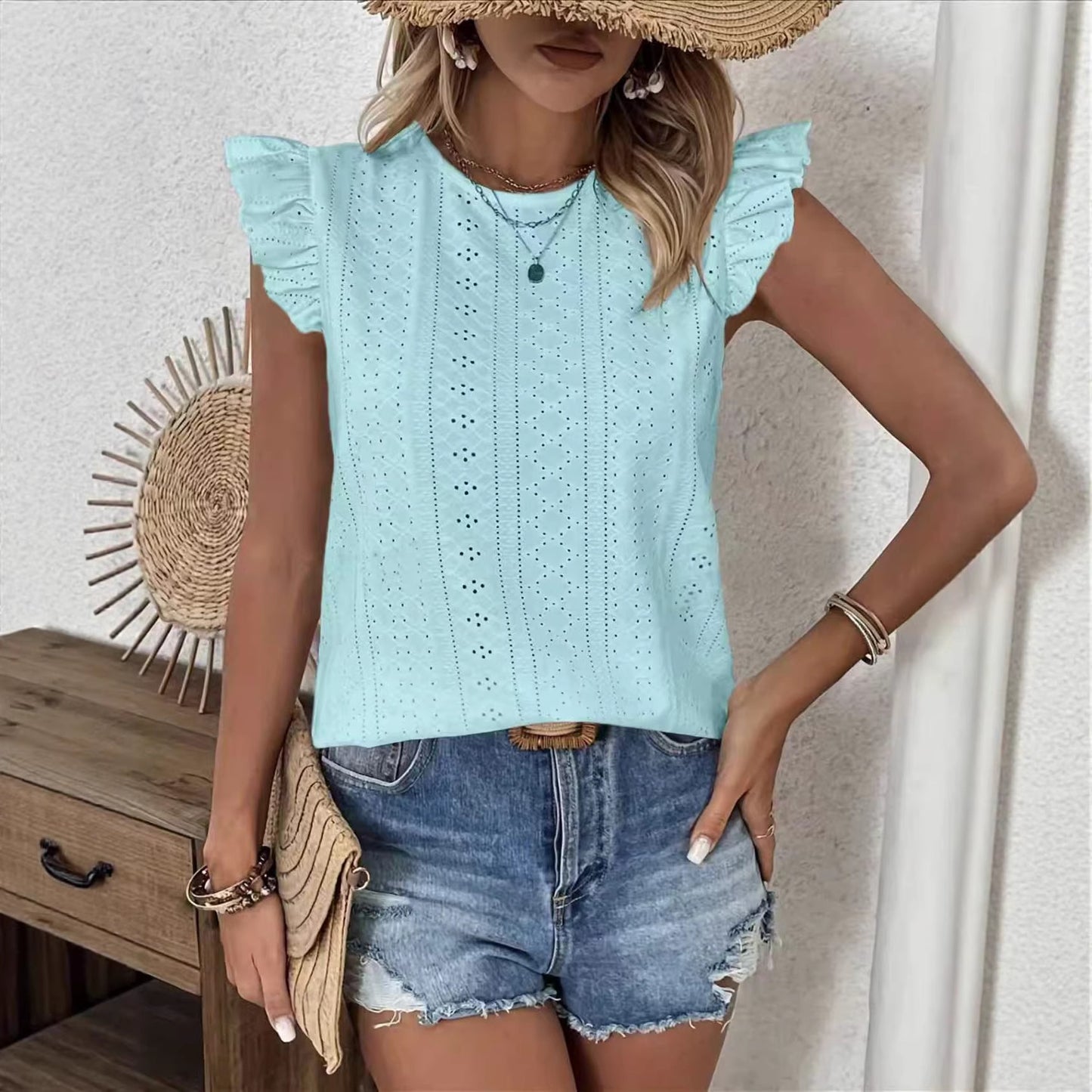 Women's Round Neck Ruffle Sleeve Slingback Solid Women's T-shirt