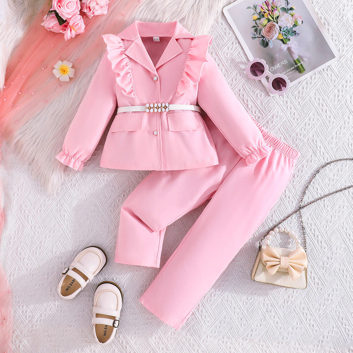 Children's Large Long Sleeve White Belt Top Ruffled Blazer Trousers Three Children's Suit