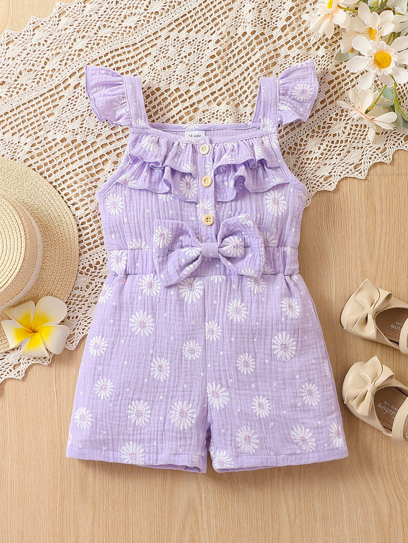 Children's Summer Full Print Little Daisy Flounced Sleeve Single-breasted Jumpsuit Children's Pants