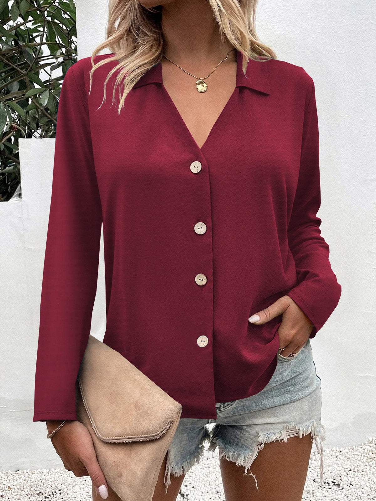 Women's Solid Color Long Sleeve Ice Silk Elegant Blouse