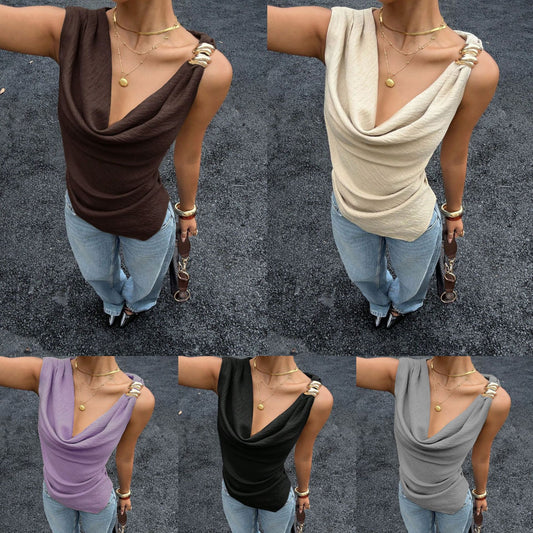 Women's Summer Pile Collar Metal Decorative Sleeveless Small Vest/suspenders/tube Top