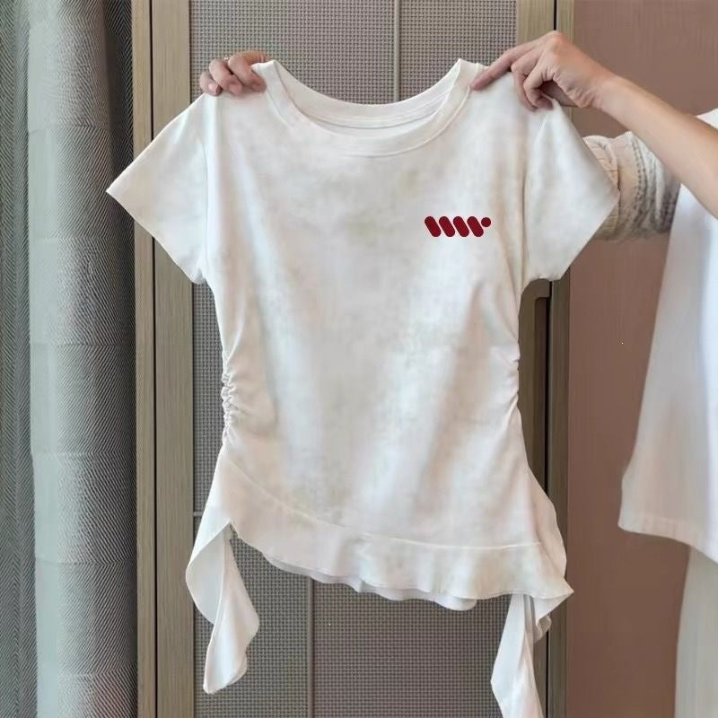 Middle Big Cat Printing Short-sleeved Summer Irregular Ruffle Top Children's T-shirt