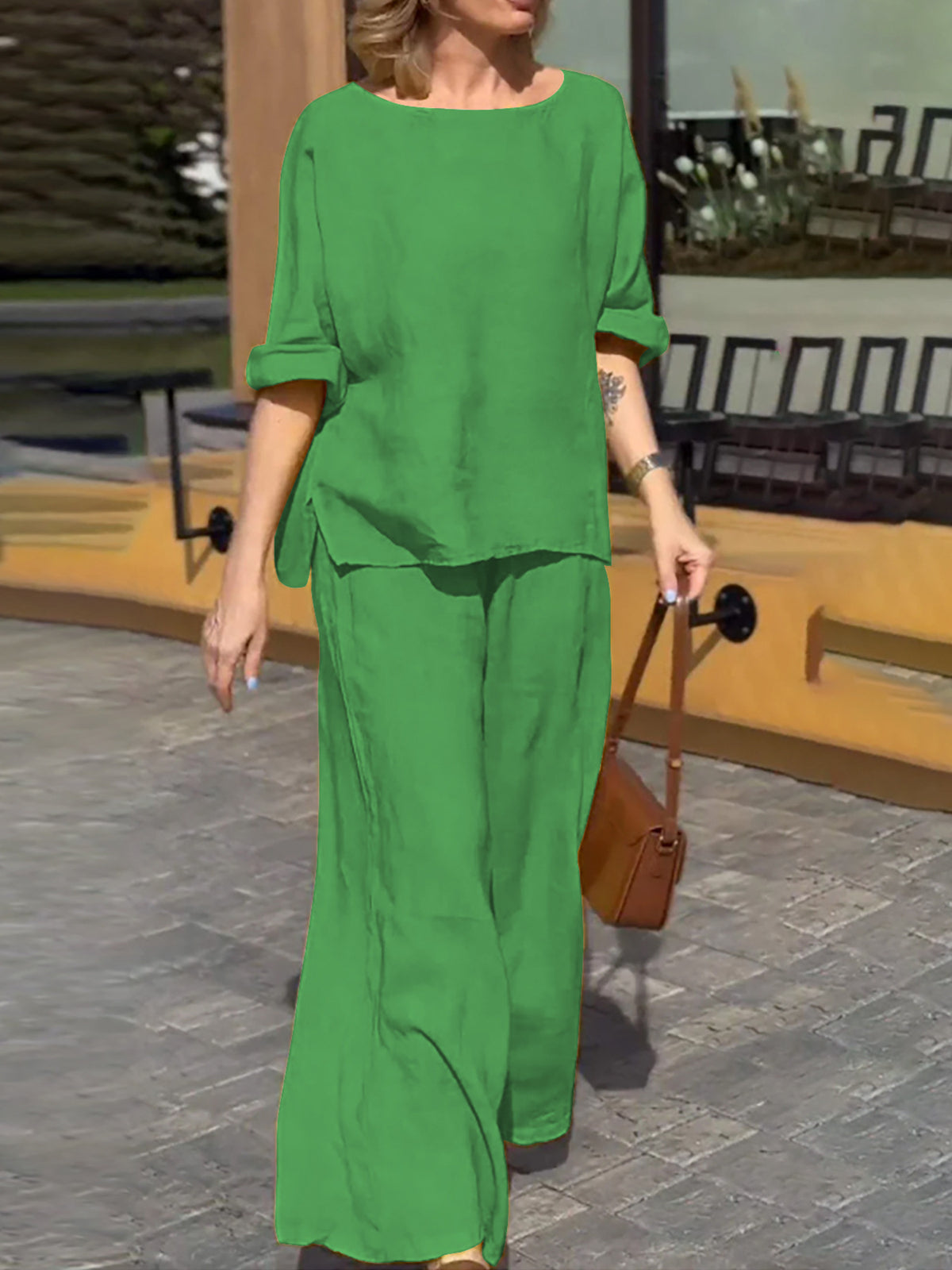 Women's Cotton Linen Solid Color Loose Trousers Suits