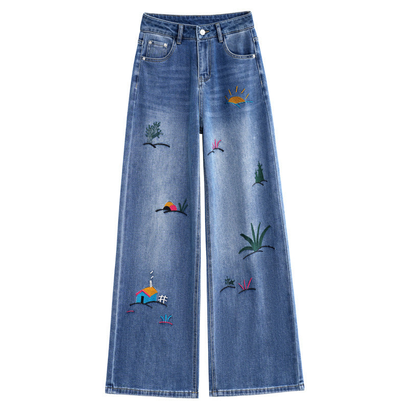 Spring Style Vintage Floral Embroidered Street Loose Wide Leg Casual Pants