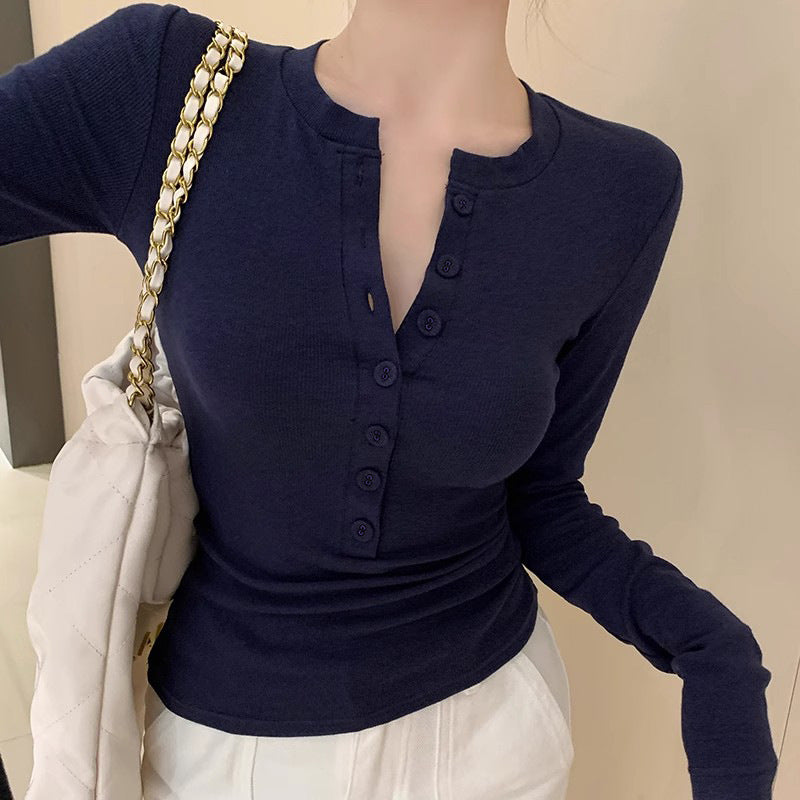 Women's Henley Collar Long-sleeved Design Single-breasted Slim Fit Tops