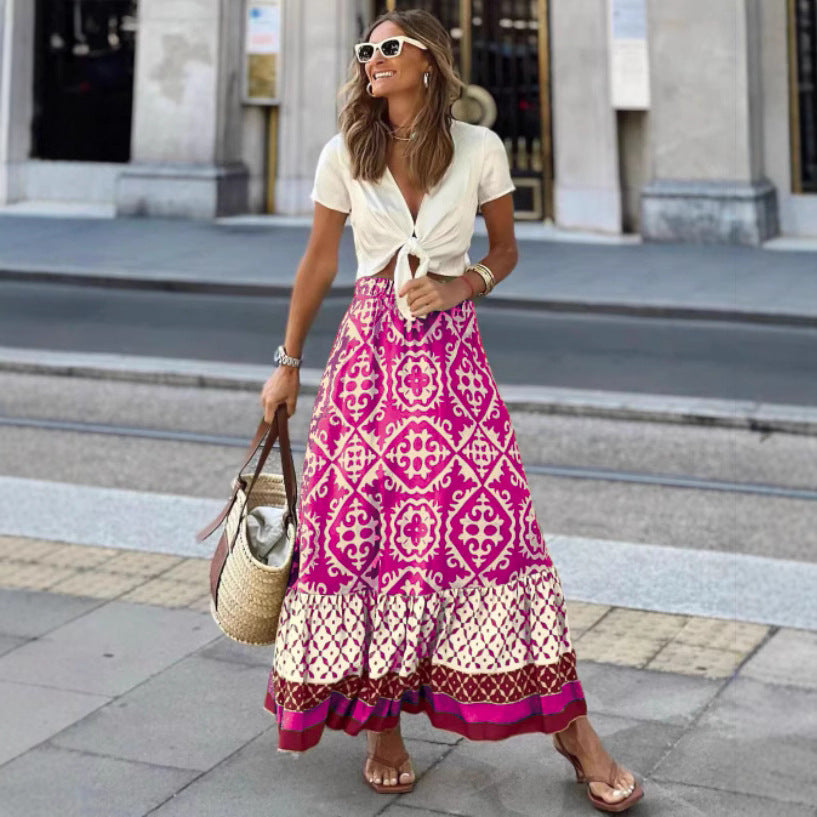 Women's Summer Printed Loose Stitching Large Swing Skirt