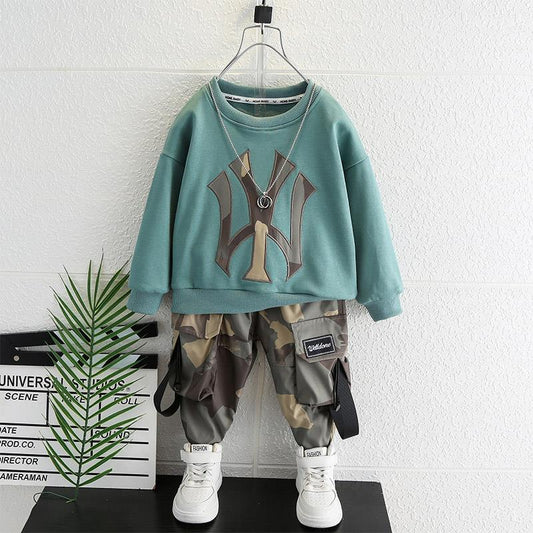 Children's Spring Camouflage Fashionable Fried Street Sweater Two-piece Children's Suit