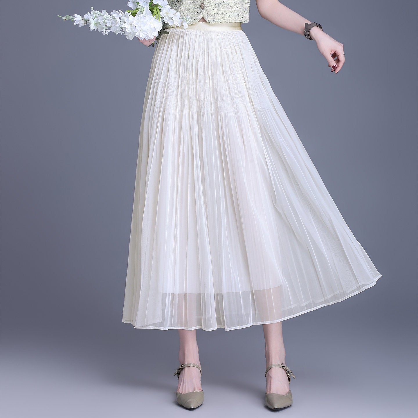 Effect Pleated Fashion A- Line Dress Elastic Skirt
