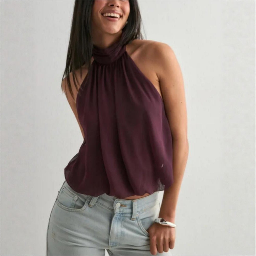 Solid Color Vacation Sexy Backless Halter Tops